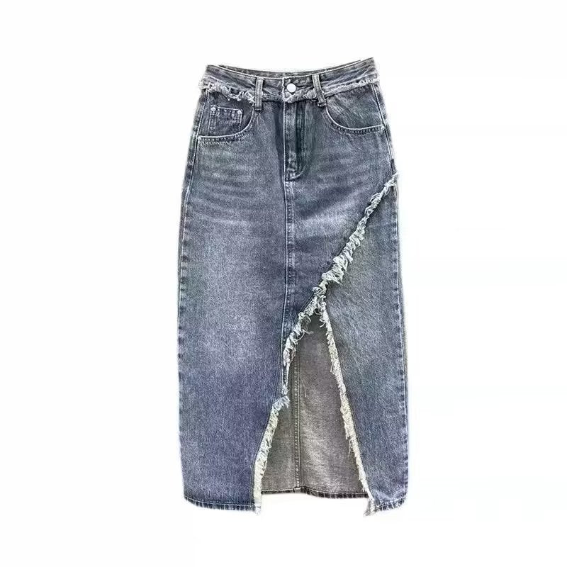 Jupe Rebel — Jupe Midi Denim Taille Haute à Fente Effilochée