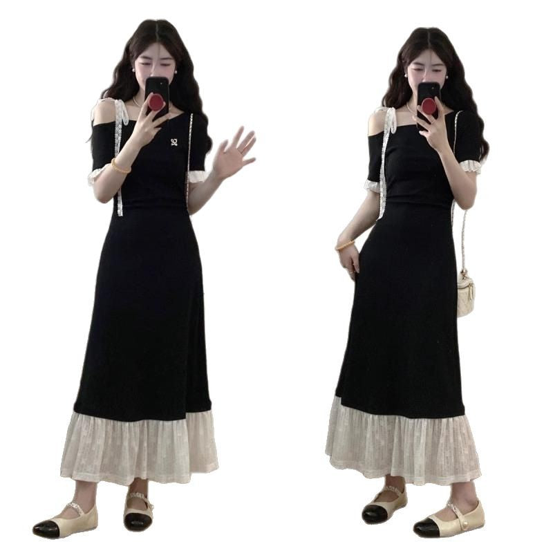 Robe Longue à Empiècement en Dentelle — Coupe Cintrée Élégante