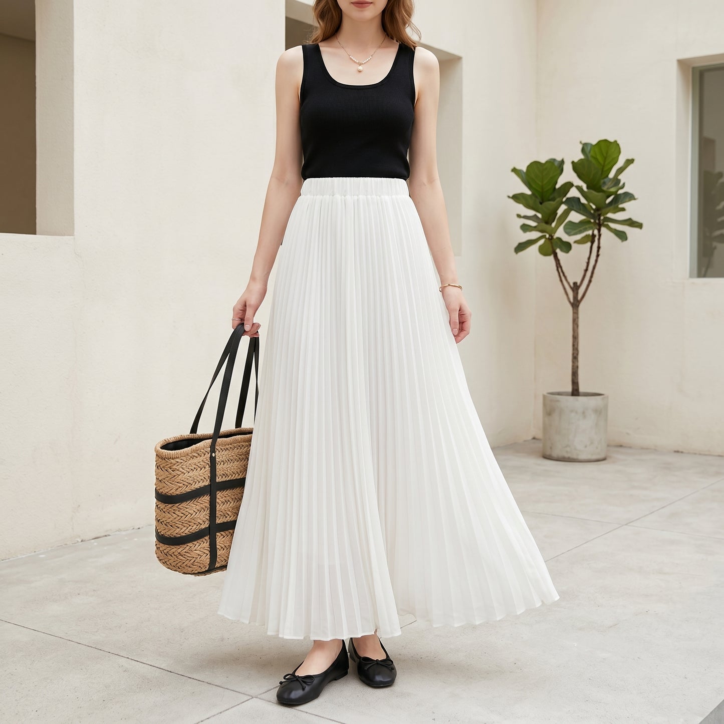 Jupe Longue Plissée en Mousseline - Taille Haute