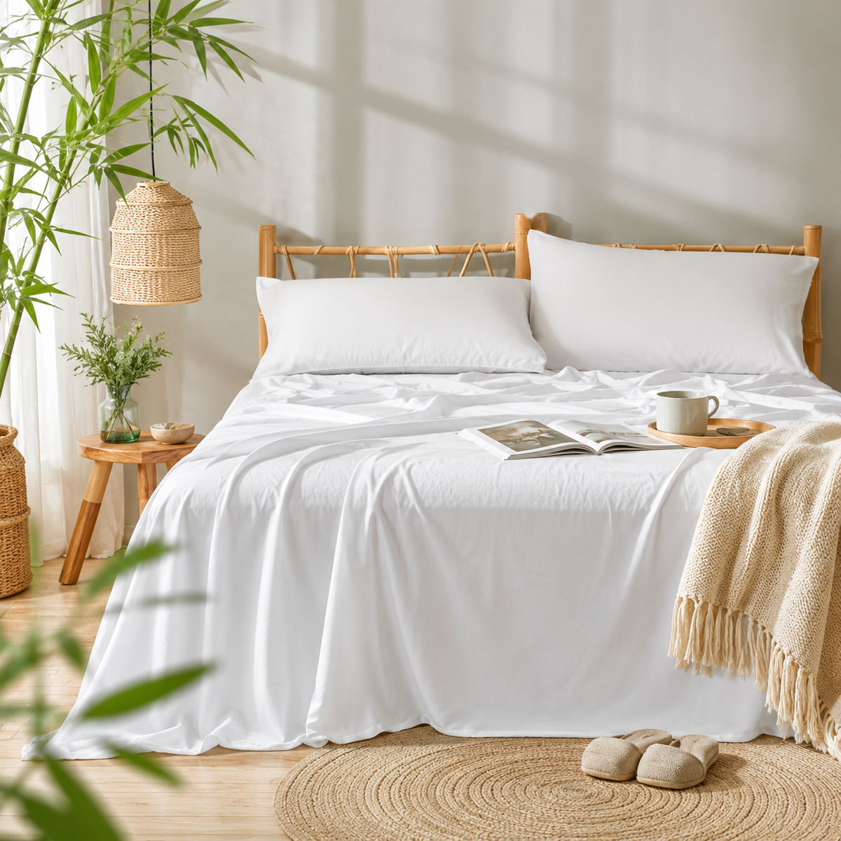 White bedding and linen throw in a bright, airy bedroom