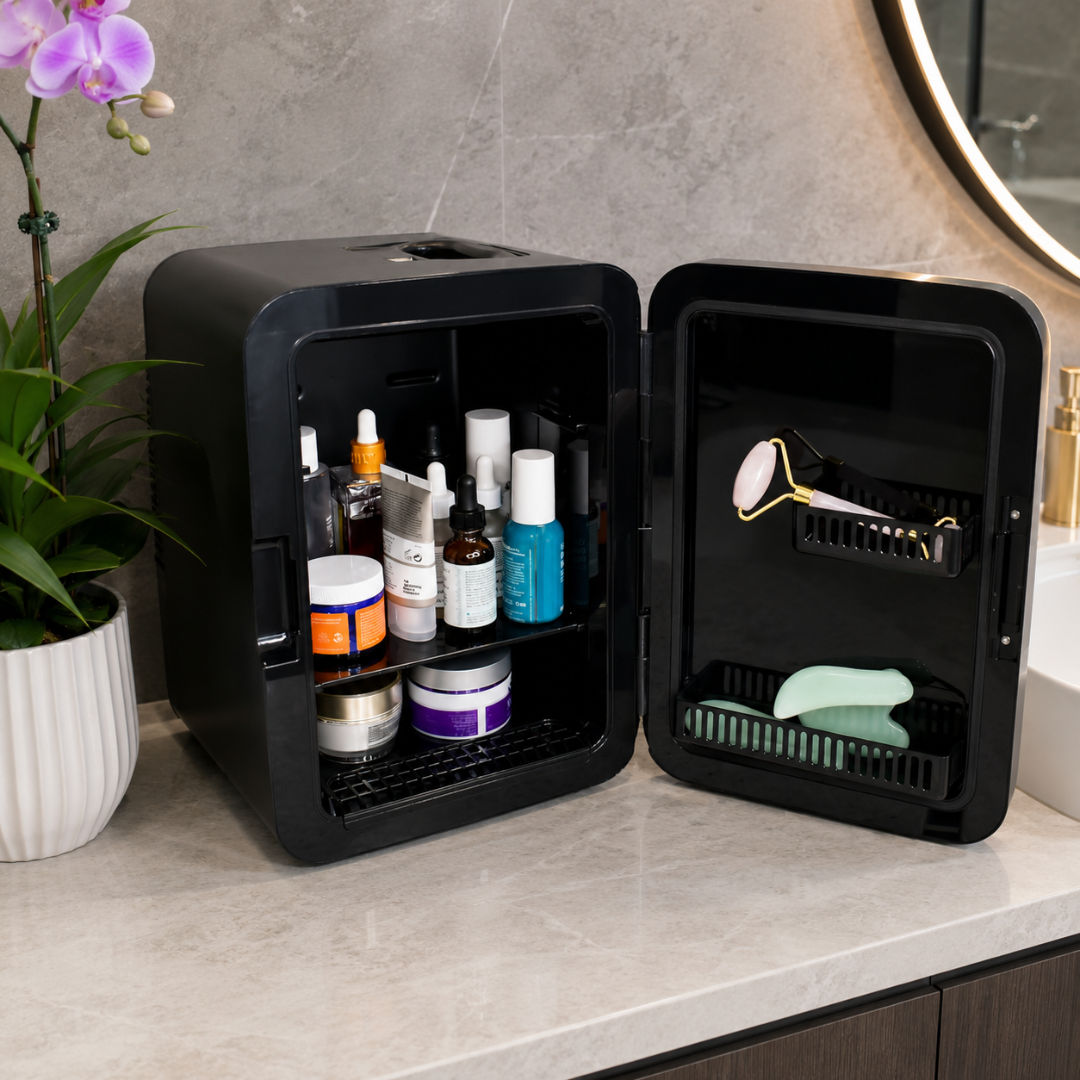 Mini skincare fridge on a bathroom counter