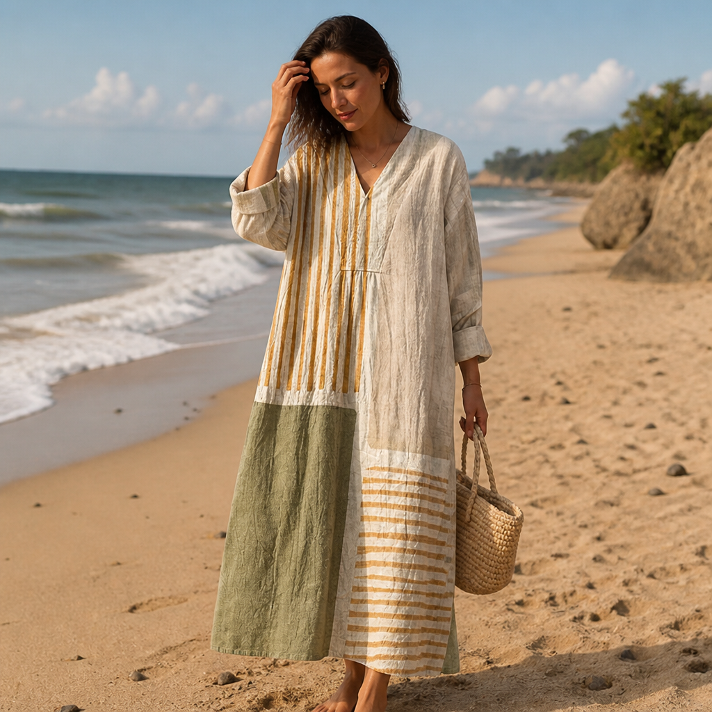 ZephyraFlow – Relaxed Striped Patchwork Linen Maxi Dress | elesira