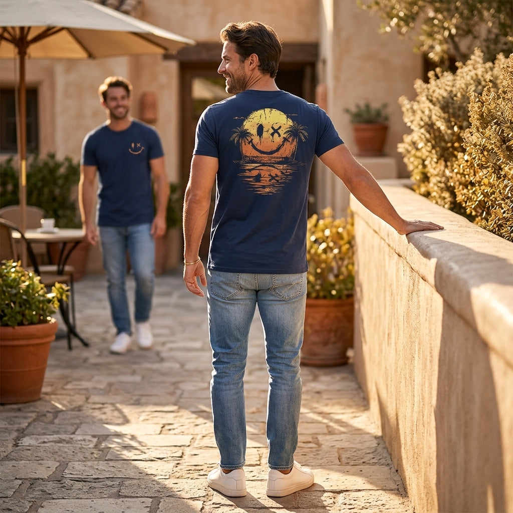 SolaraWave – Retro Sunset Smiley Graphic Tee with Front & Back Print | elesira