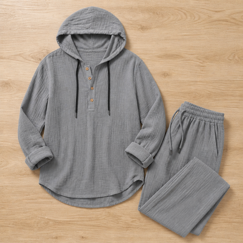 VeloShift – Relaxed Linen-Blend Hooded Set with Button Henley Top | elesira