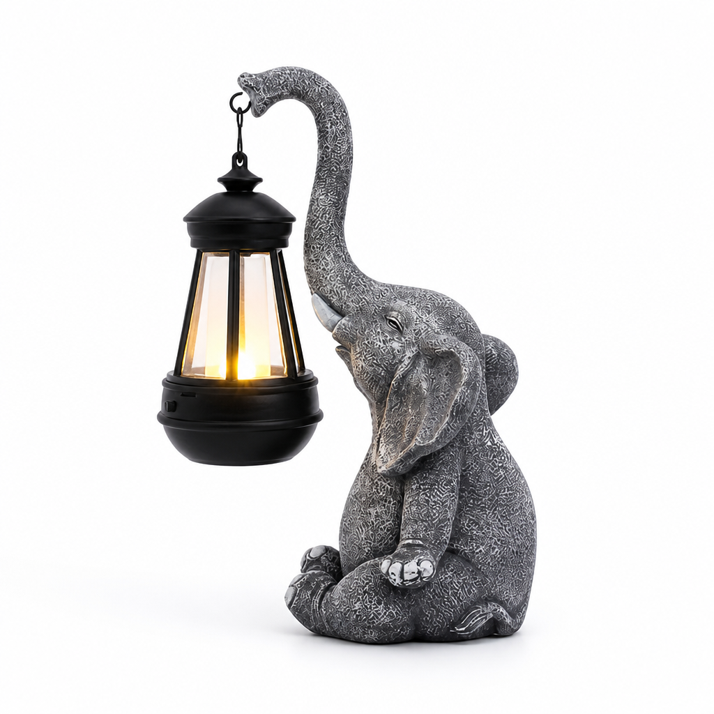Solcelledrevet have lanterne i resin med varmt lys (elefantdesign) | elesira