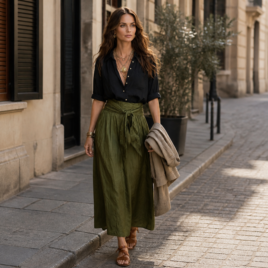 Veloura – Ensemble décontracté composé d’une chemise en lin et d’une jupe midi olive à taille nouée | elesira