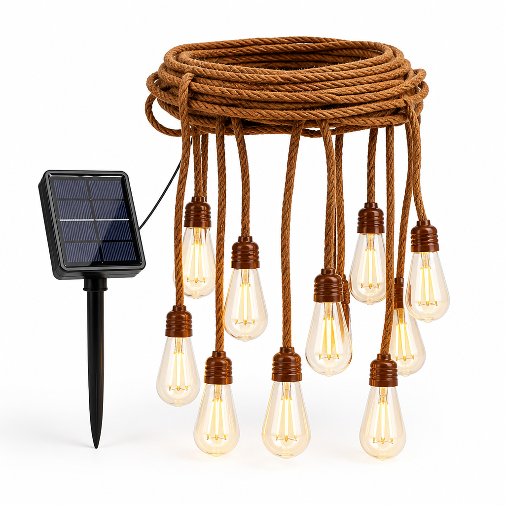Ghirlandă luminoasă de exterior cu frânghie din cânepă, alimentată solar (impermeabilă IP55) | elesira