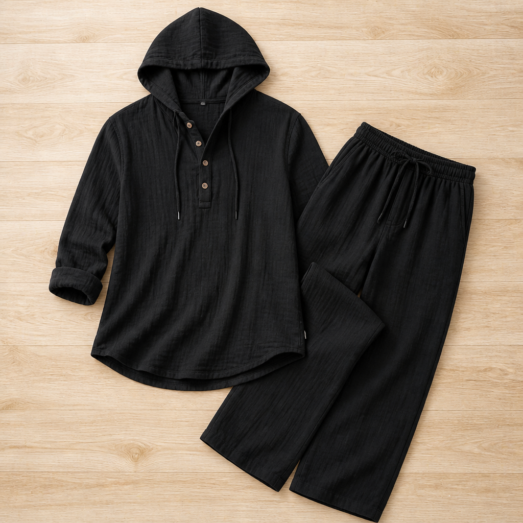 VeloShift – Relaxed Linen-Blend Hooded Set with Button Henley Top | elesira