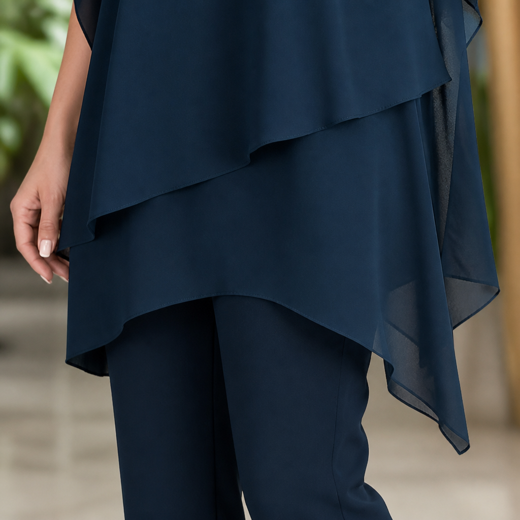 VeloraFit – Elegante completo a due pezzi con pantaloni e chiffon asimmetrico | elesira