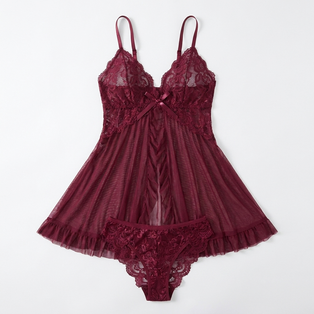 Soirée – Lace V-Neck Babydoll Set Featuring Sheer Mesh Skirt | elesira