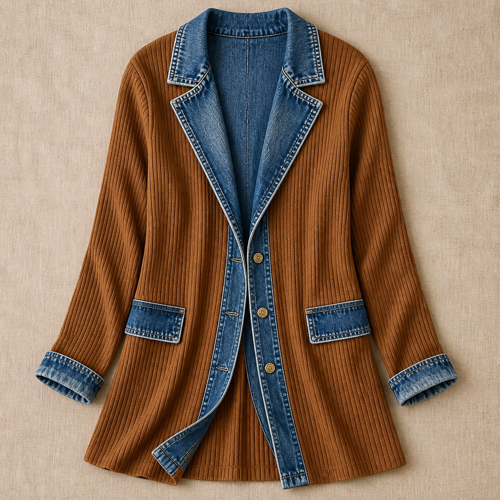 SolaceRidge – Weiche gerippte Strickjacke mit kontrastierendem Denim-Besatz | elesira