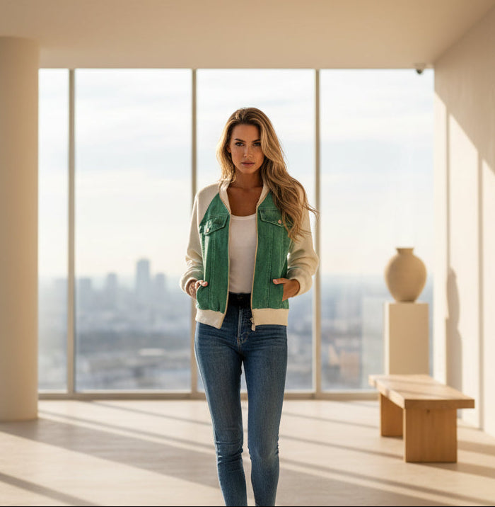 Veste en jean patchwork tendance à capuche pour femme