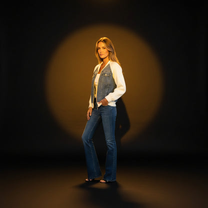 Veste en jean patchwork tendance à capuche pour femme