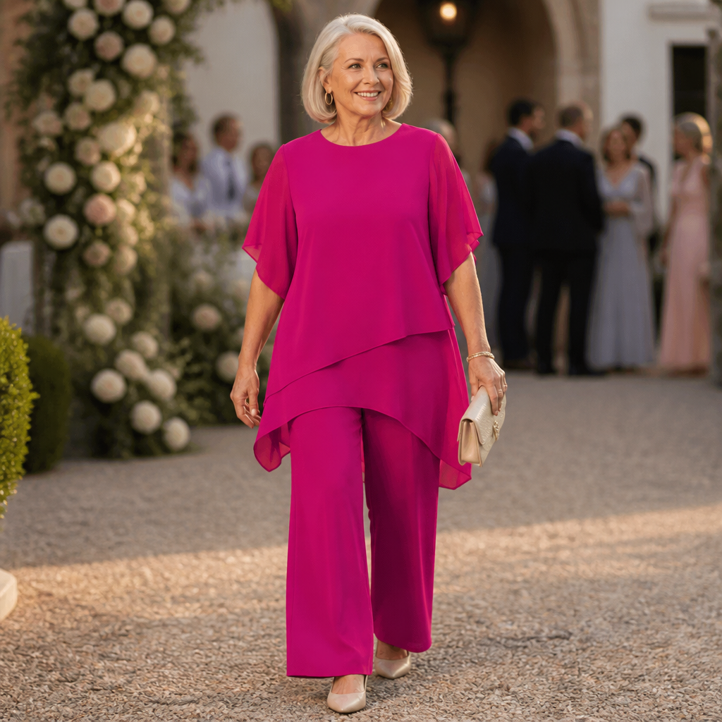 VeloraFit – Elegante completo a due pezzi con pantaloni e chiffon asimmetrico | elesira