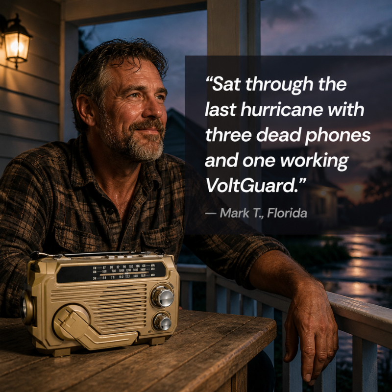 VoltGuard | Τροφοδοτήστε φως, ραδιόφωνο και SOS με μανιβέλα, ήλιο ή USB | elesira