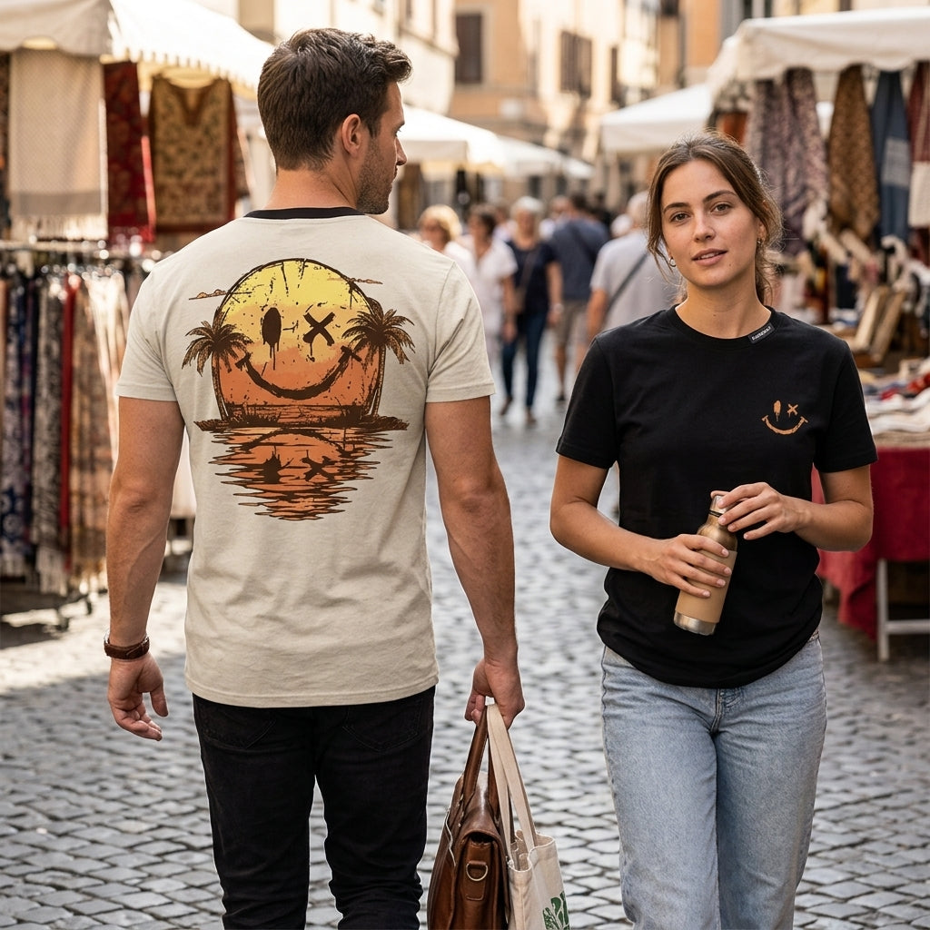 SolaraWave – Retro Sunset Smiley Graphic Tee with Front & Back Print | elesira