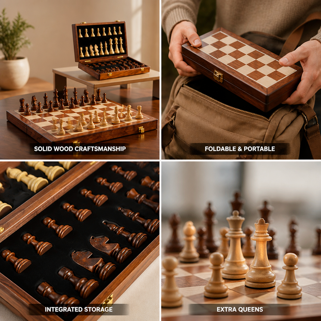 Solid Wood Foldable & Portable Chess Set (Includes Extra Queens) | elesira