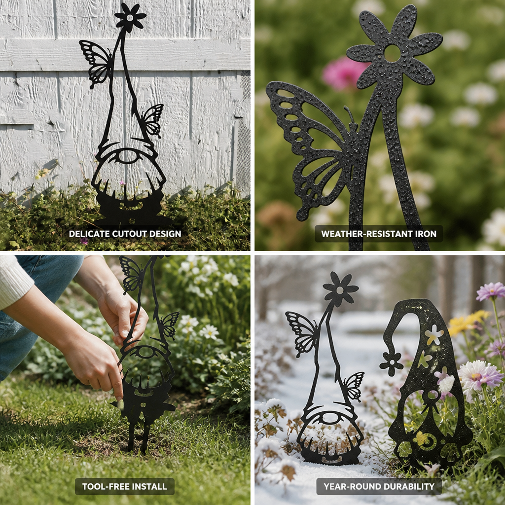 Estaca de hierro para jardín con gnomo resistente a la intemperie (recortes de mariposas y flores) | elesira