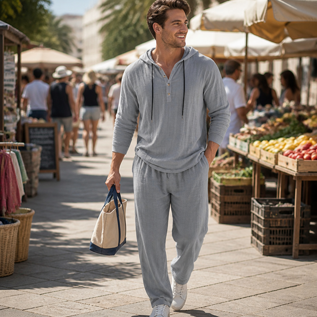 VeloShift – Relaxed Linen-Blend Hooded Set with Button Henley Top | elesira