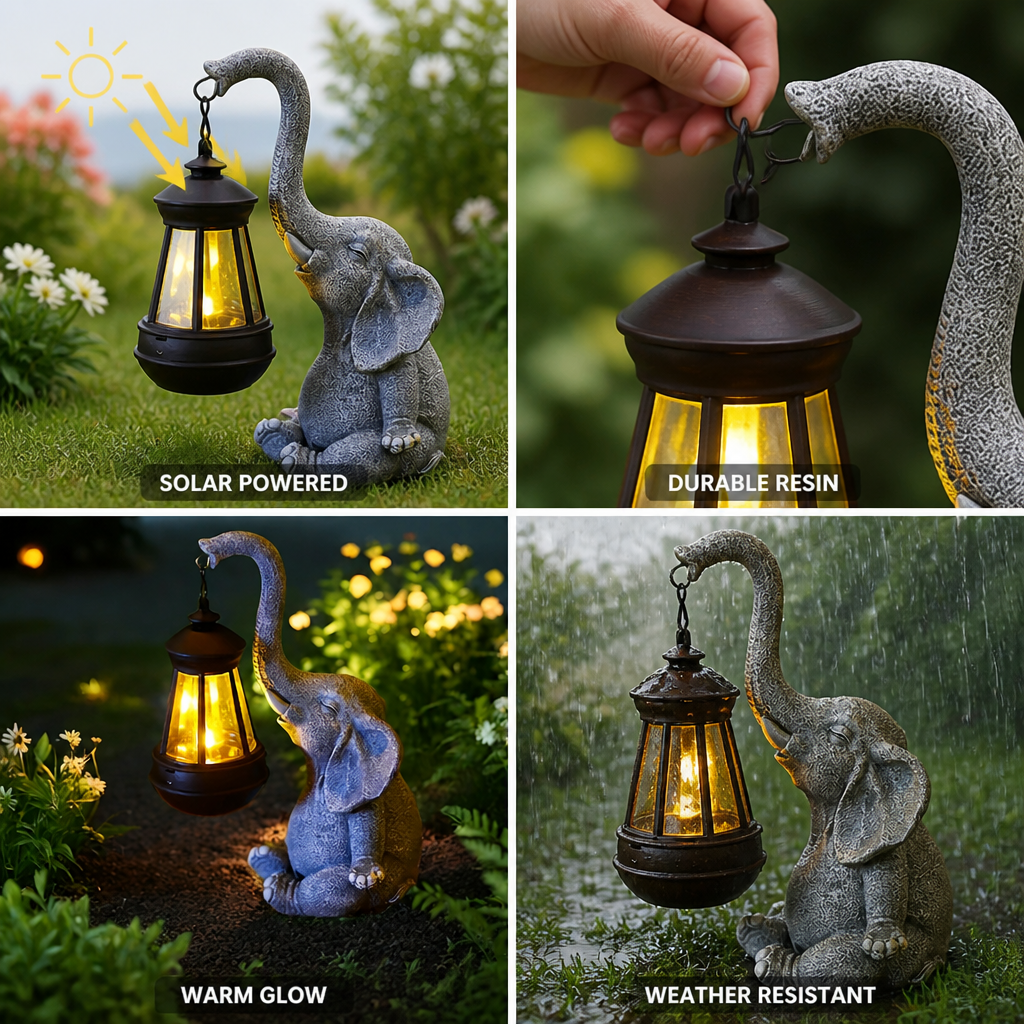 Solcelledrevet have lanterne i resin med varmt lys (elefantdesign) | elesira