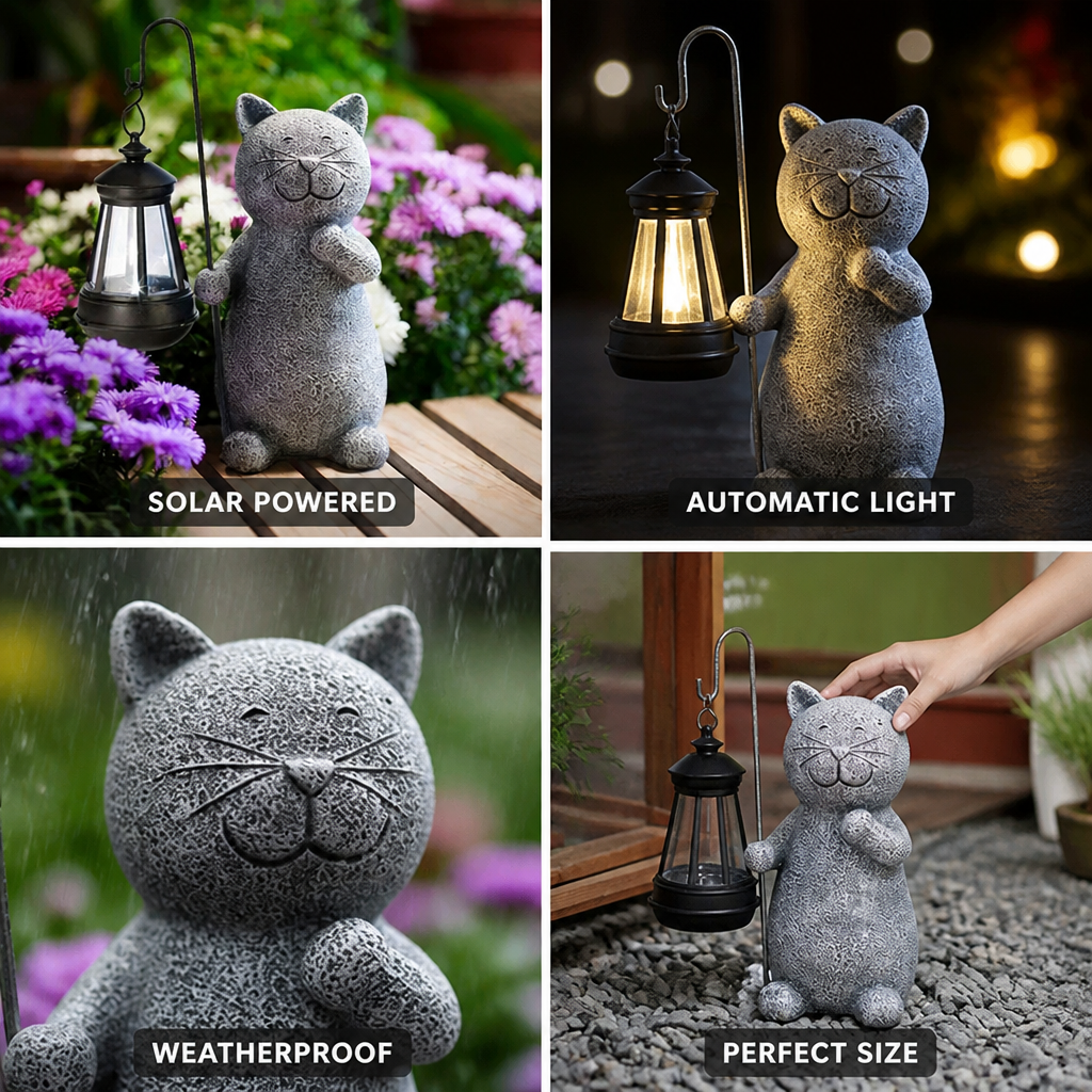 Candeeiro de jardim com figura de gato, à prova de intempéries e alimentado por energia solar | elesira