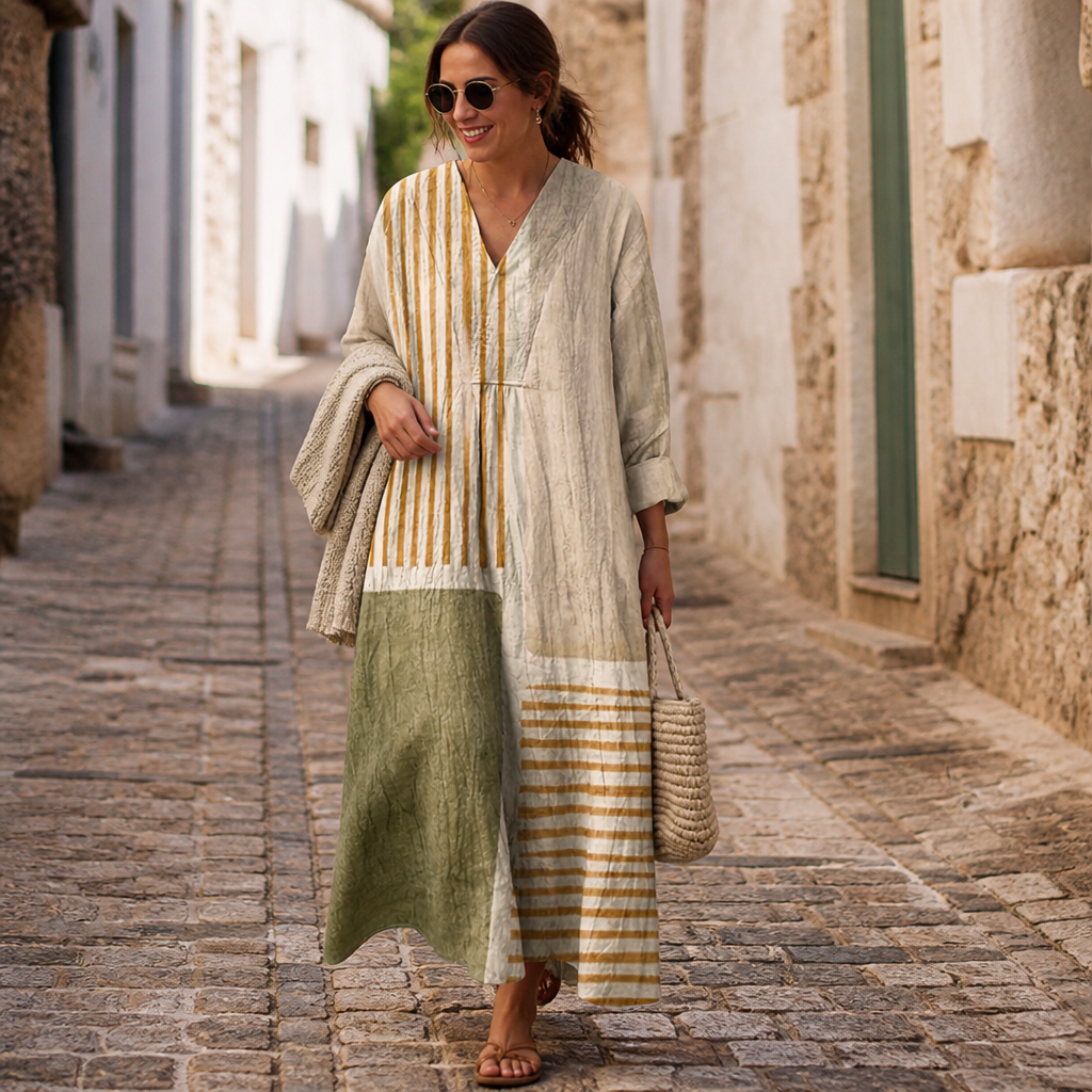 ZephyraFlow – Relaxed Striped Patchwork Linen Maxi Dress | elesira