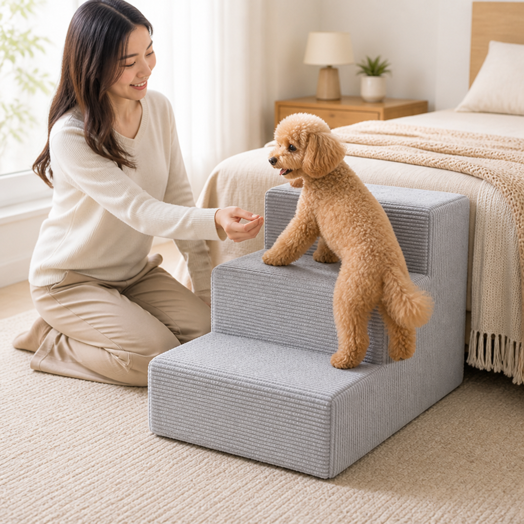 Soft Corduroy Non-Slip Pet Stairs (3-Step) | elesira