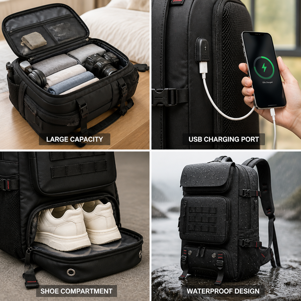 Mochila de viaje impermeable de 50 l (puerto USB integrado y compartimento para zapatos) | elesira
