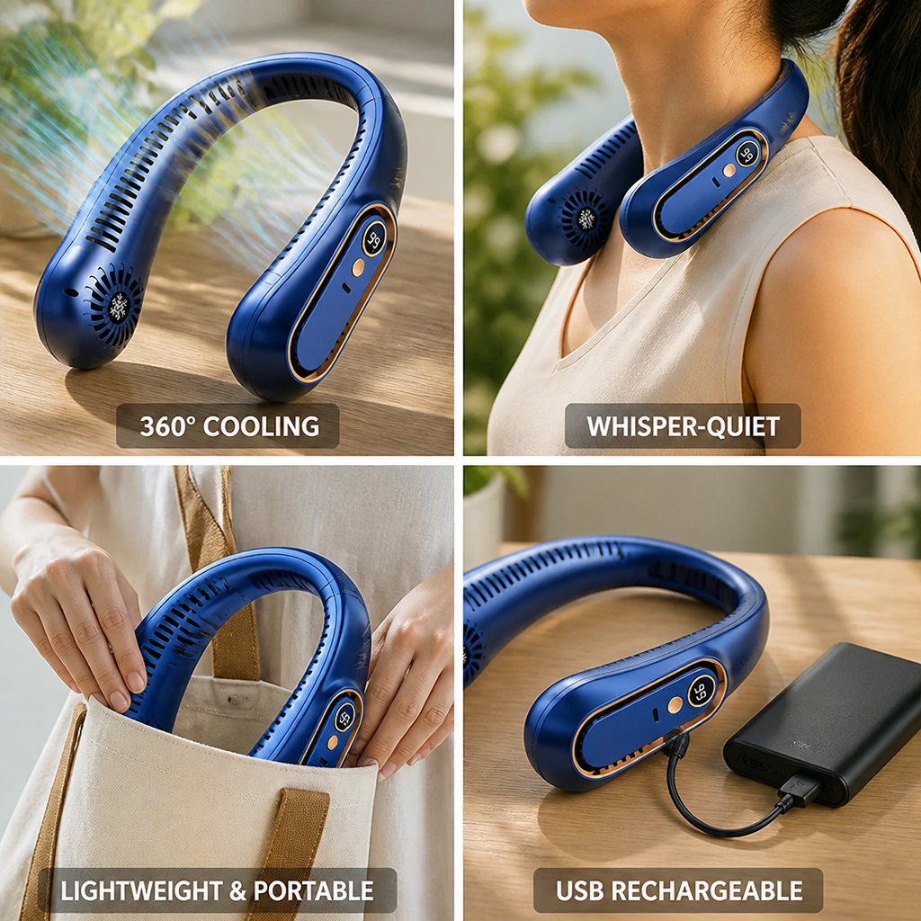 Whisper-Quiet 5-Speed USB-Rechargeable Neck Fan (LED Display) | elesira