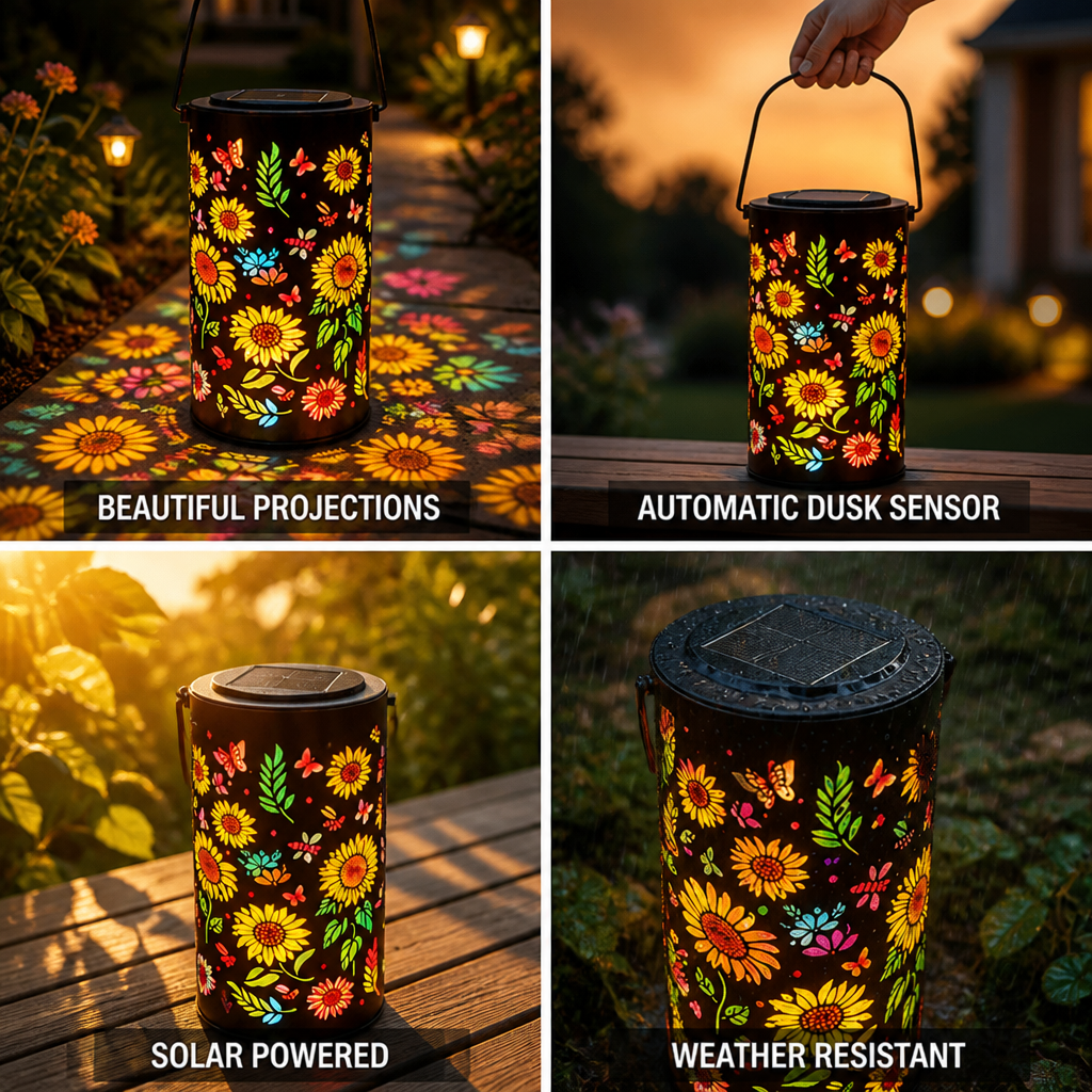 Solární zahradní lucerna s projekcí květin a motýlů (automatický soumrakový senzor) | elesira