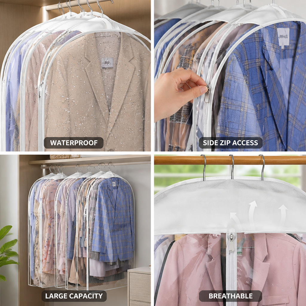 Housse à vêtements transparente imperméable à fermeture éclair latérale (peut contenir jusqu’à 10 costumes) | elesira