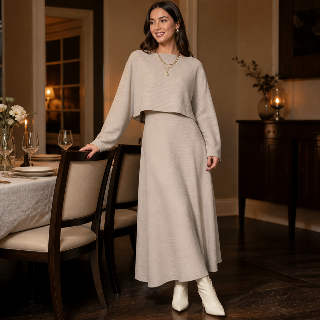 VivaBella – Elegantes zweiteiliges Strickset mit asymmetrischem One-Shoulder-Oberteil | elesira