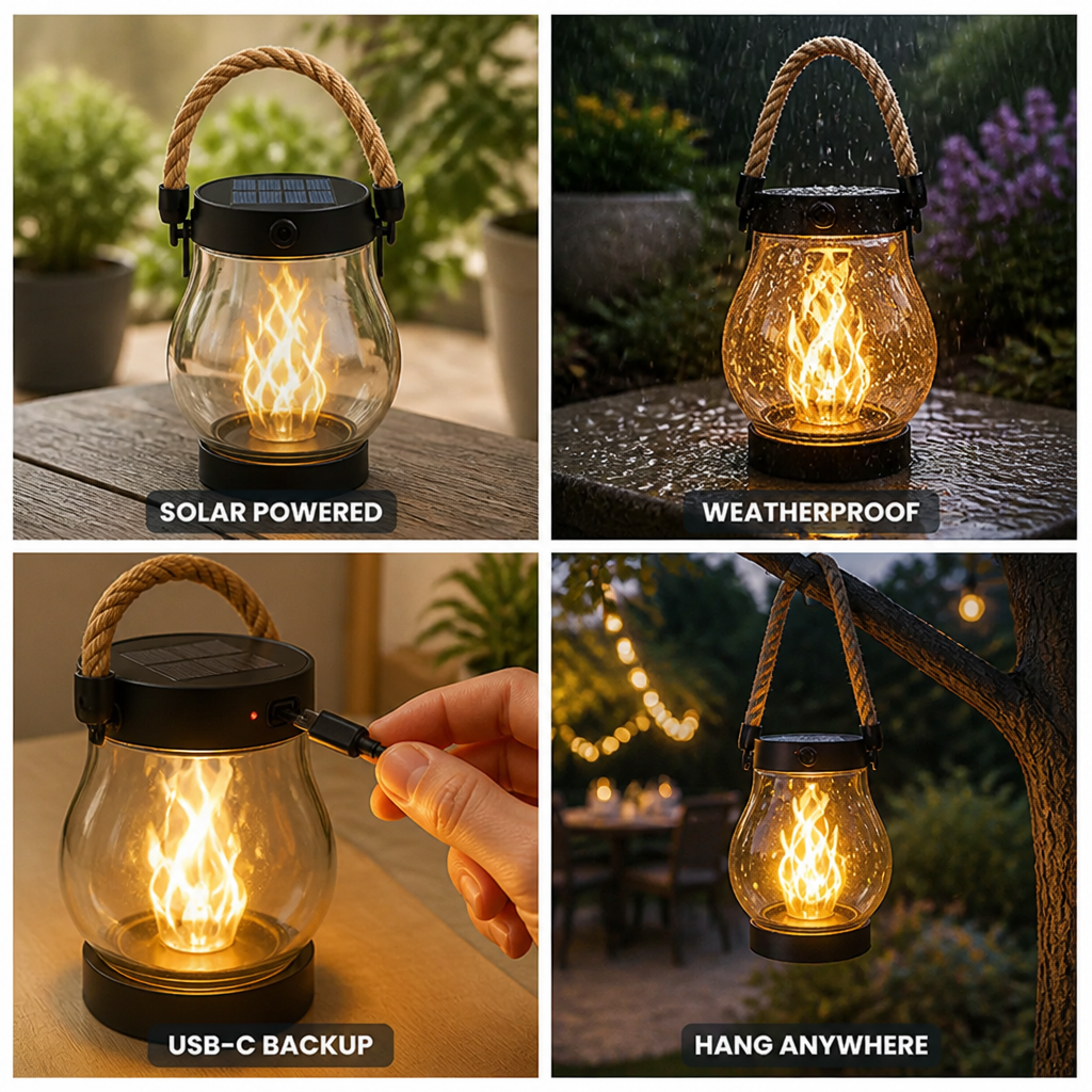 Lanterne de jardin solaire étanche à flamme vacillante (secours USB-C) | elesira