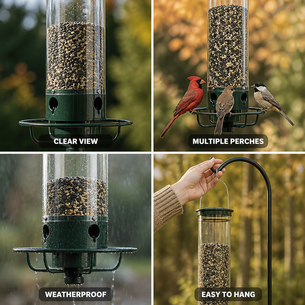 Wetterfester transparenter Vogelhäuschen zum Aufhängen aus Acryl (4 Sitzstangen) | elesira