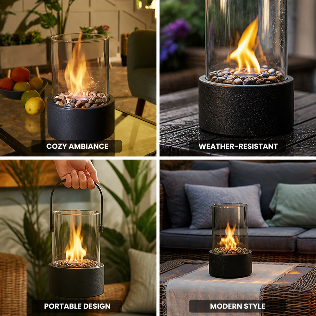 Tragbare Tischlaterne aus Stahl und Glas mit sanft flackernder Flamme | elesira