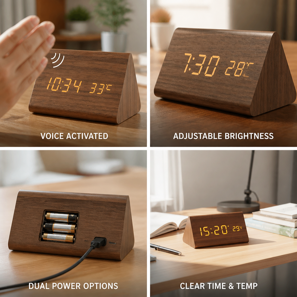 Horloge de table en bois à LED à commande vocale | elesira