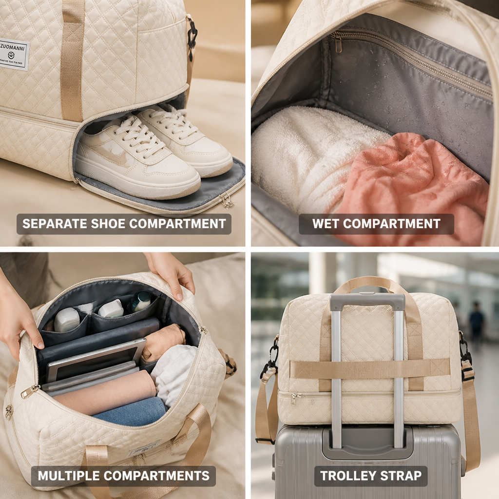 Bolso de fin de semana de nailon repelente al agua (compartimentos para zapatos y artículos mojados) | elesira