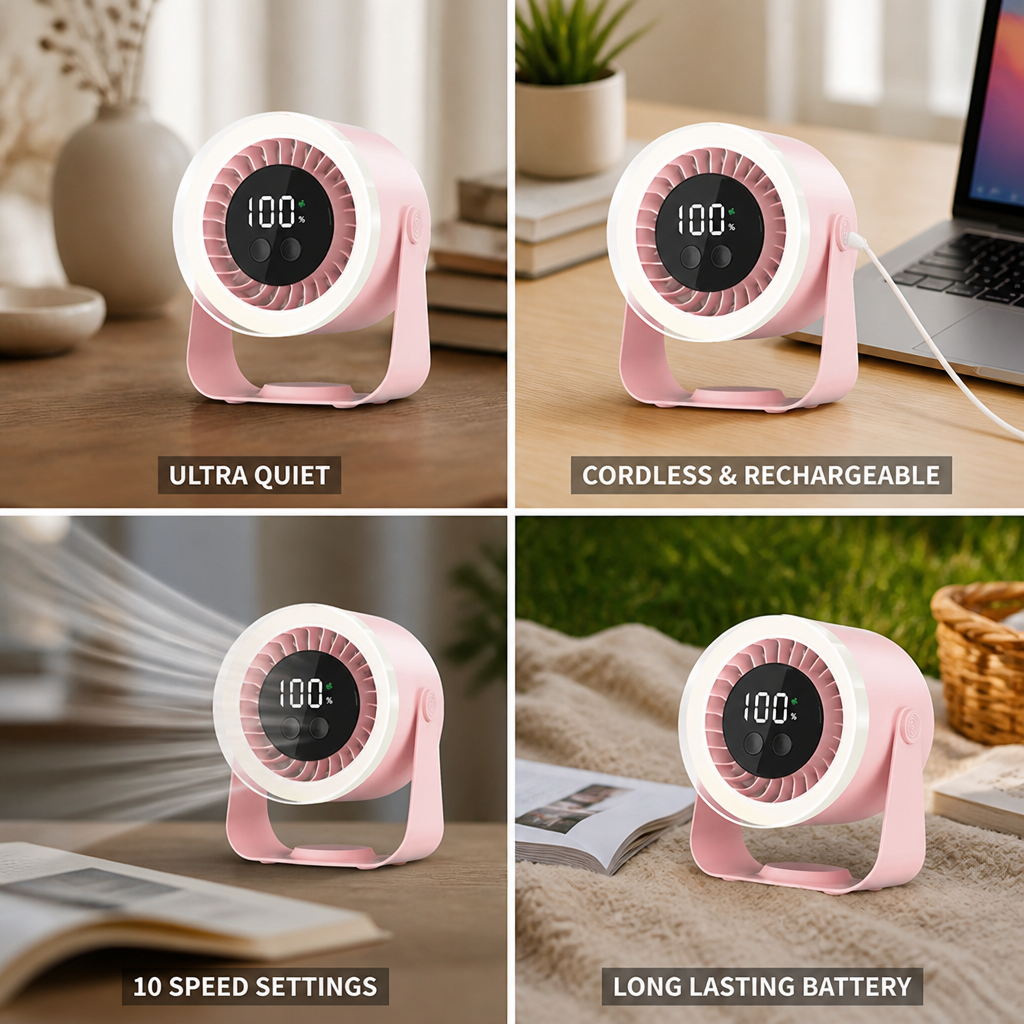 Whisper-Quiet 10-Speed USB-C Rechargeable Table Fan | elesira