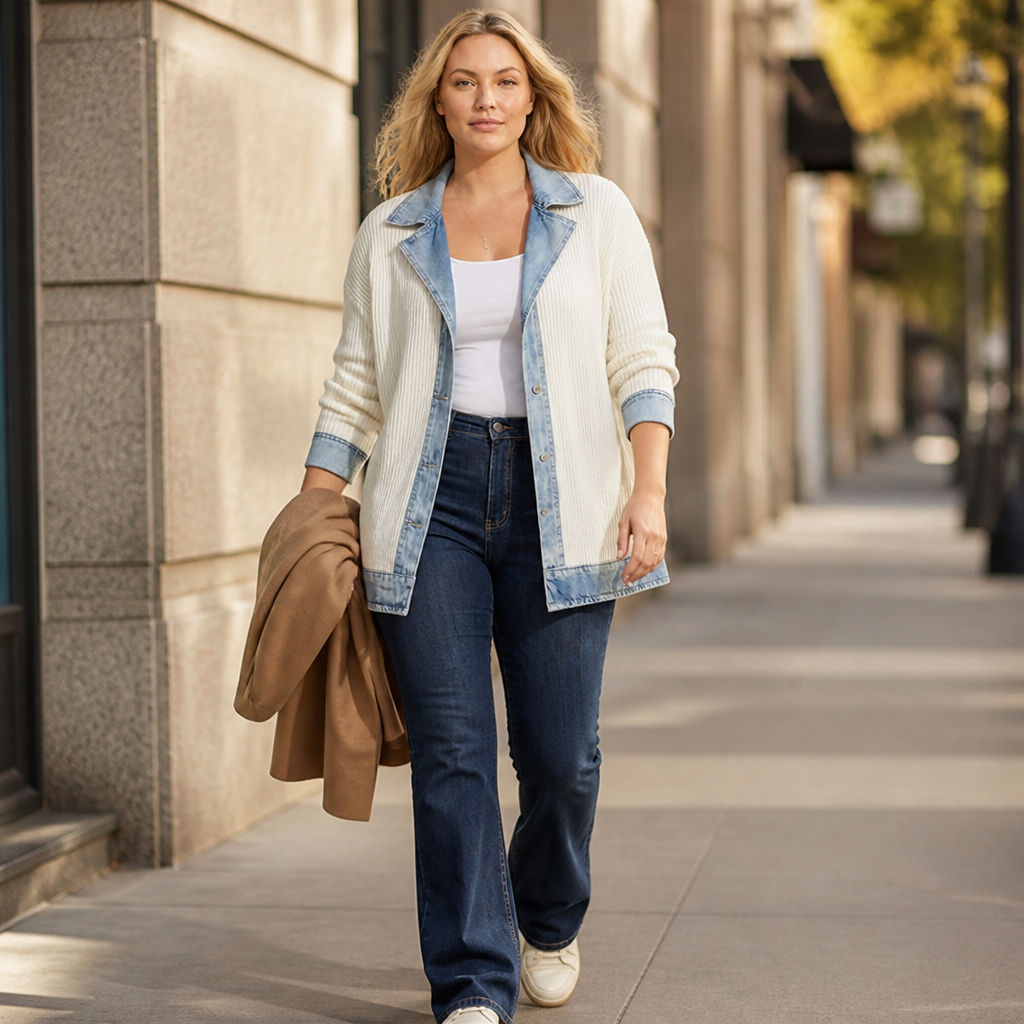 SolaceRidge – Weiche gerippte Strickjacke mit kontrastierendem Denim-Besatz | elesira