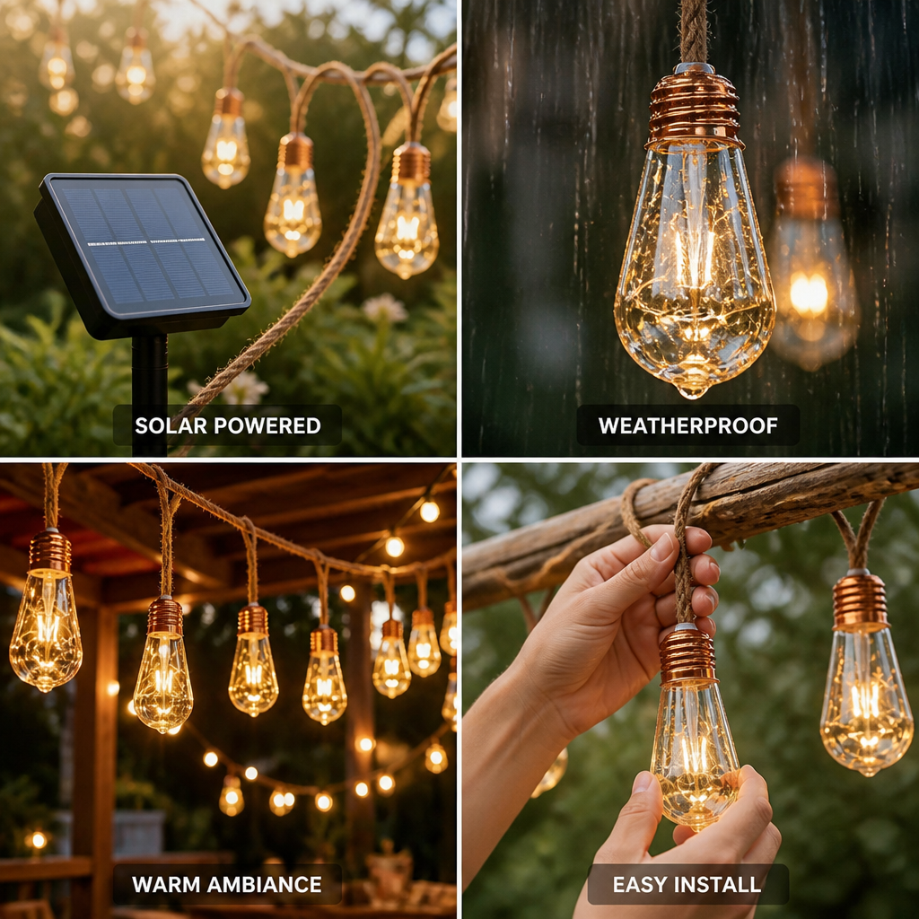 Ghirlandă luminoasă de exterior cu frânghie din cânepă, alimentată solar (impermeabilă IP55) | elesira