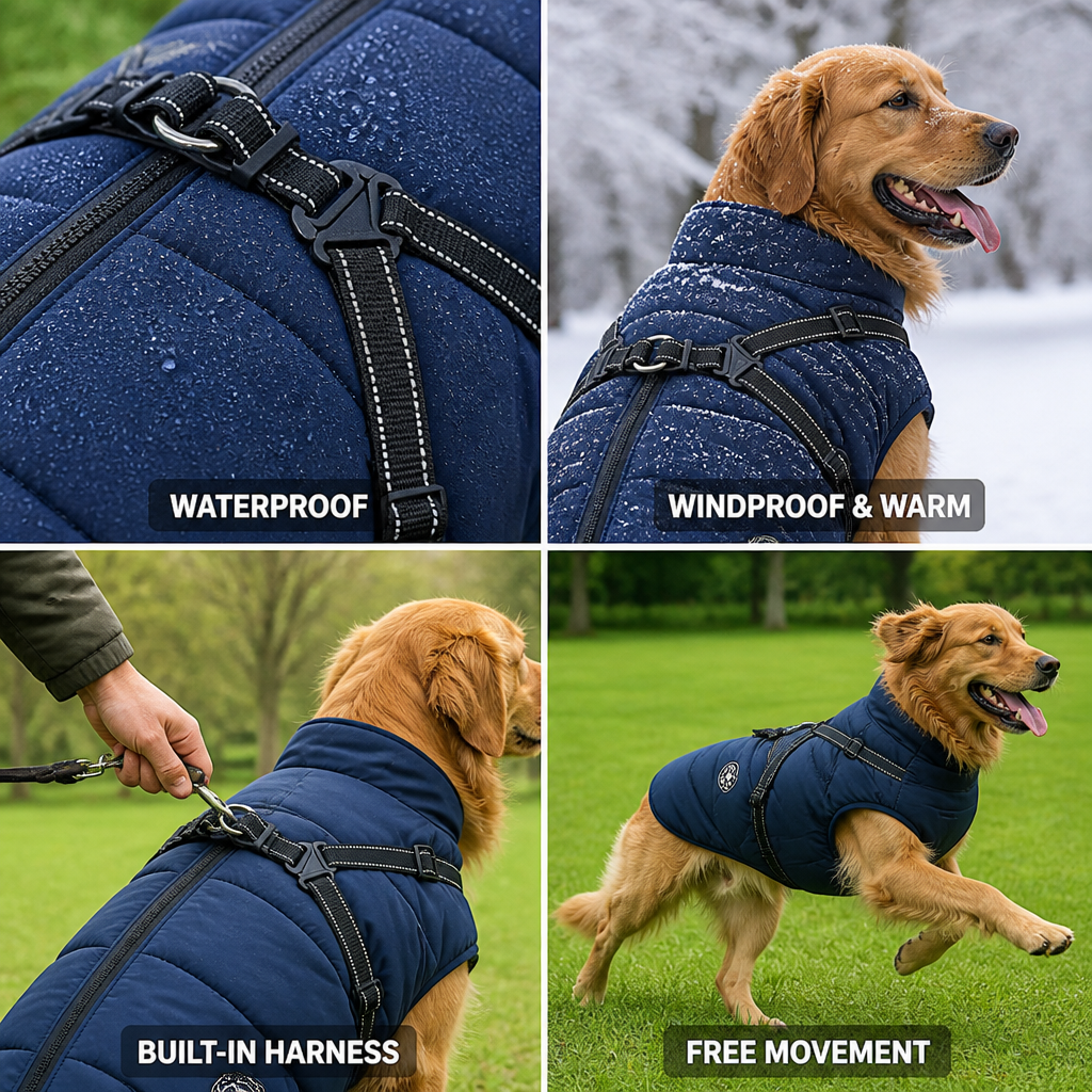 Waterproof Windproof Fleece-Lined Dog Coat (Integrated Harness) | elesira