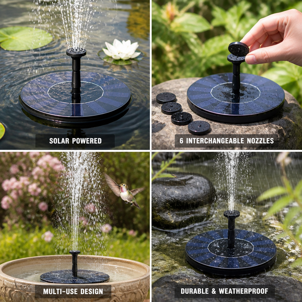 Solar-Powered Floating Fountain (6 Interchangeable Nozzles) | elesira