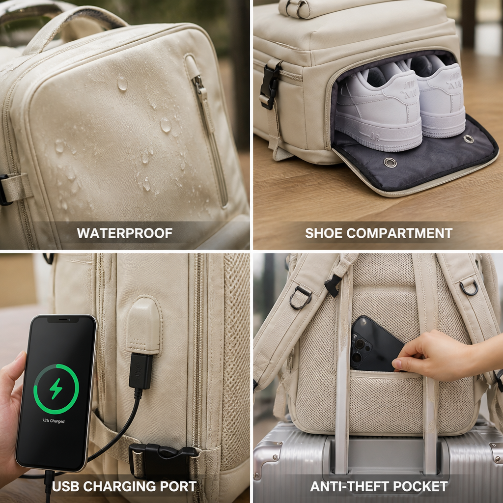 Vattentät reseryggsäck med USB-port och skofack (40L) | elesira