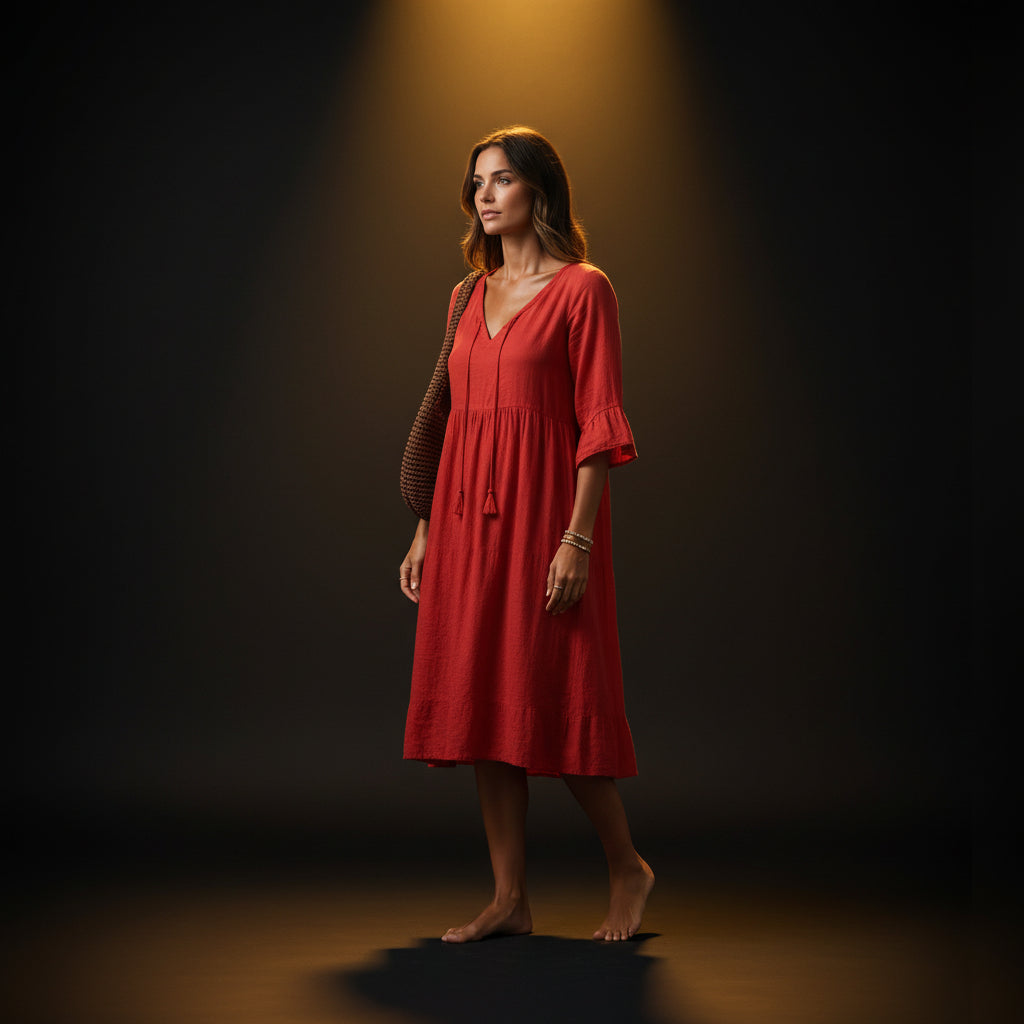Robe Midi à Volants Étagés — Col V et Glands Bohème