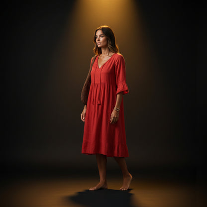 Robe Midi à Volants Étagés — Col V et Glands Bohème