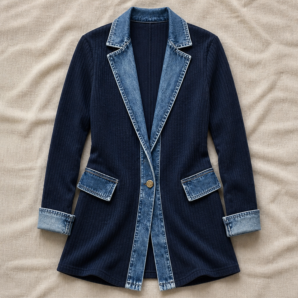 SolaceRidge – Weiche gerippte Strickjacke mit kontrastierendem Denim-Besatz | elesira