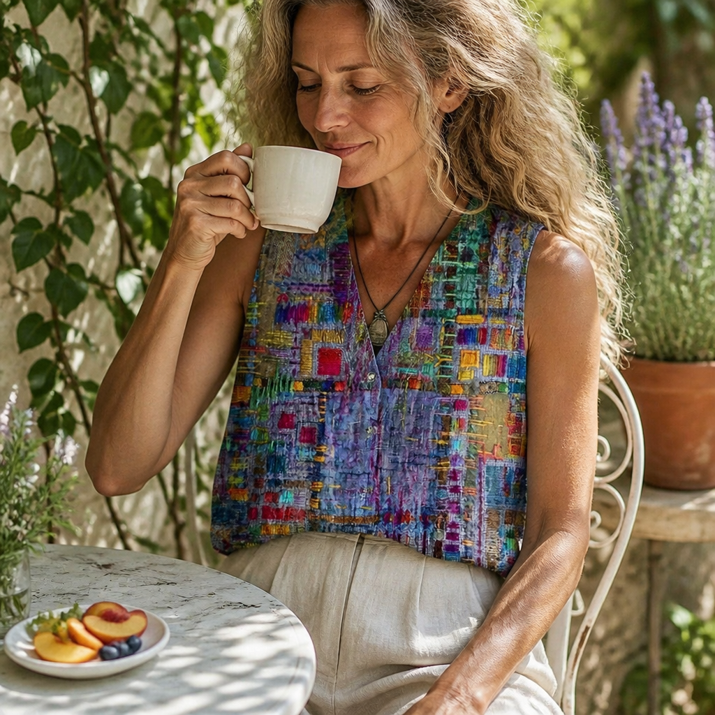 ViviaHue – Kunstnerisk patchworkbluse med knapper, uden ærmer og med V-hals | elesira