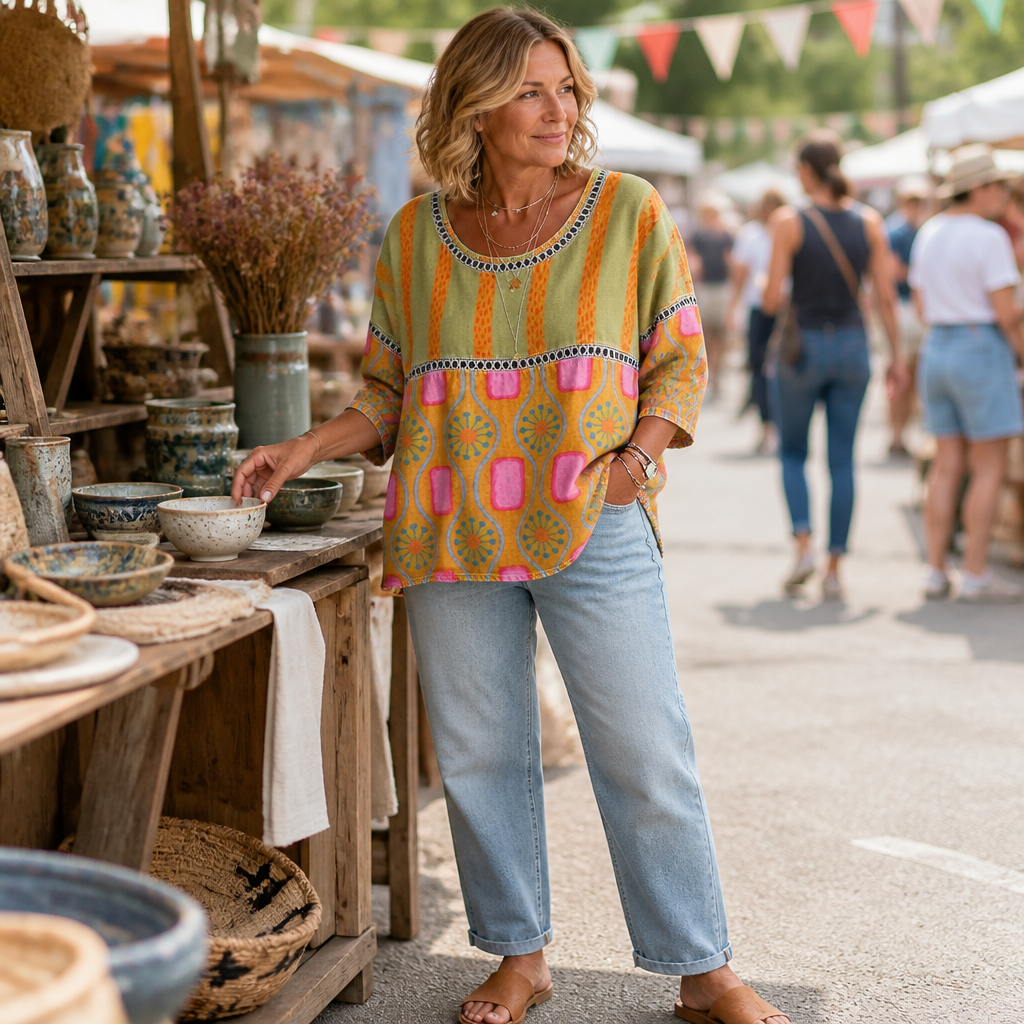 VivaLuxe – Uvolněný top s boho inspirací, kombinující různé vzory a rukávy 3/4 | elesira
