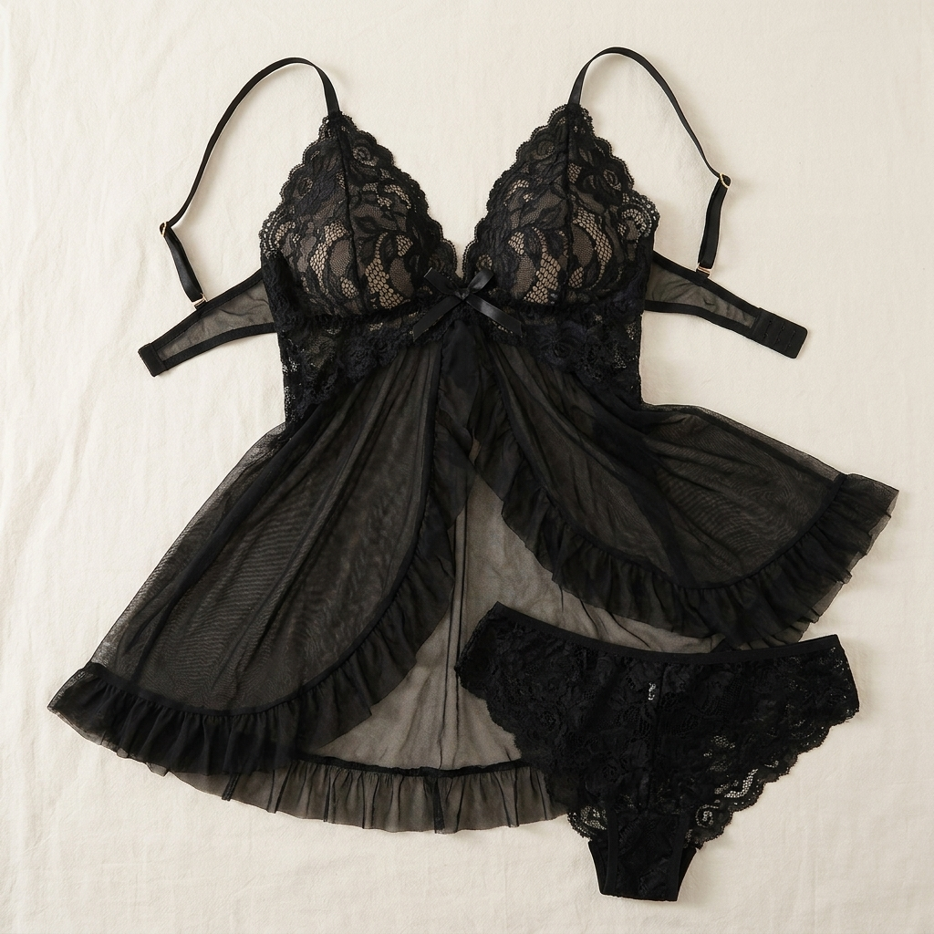 Soirée – Lace V-Neck Babydoll Set Featuring Sheer Mesh Skirt | elesira