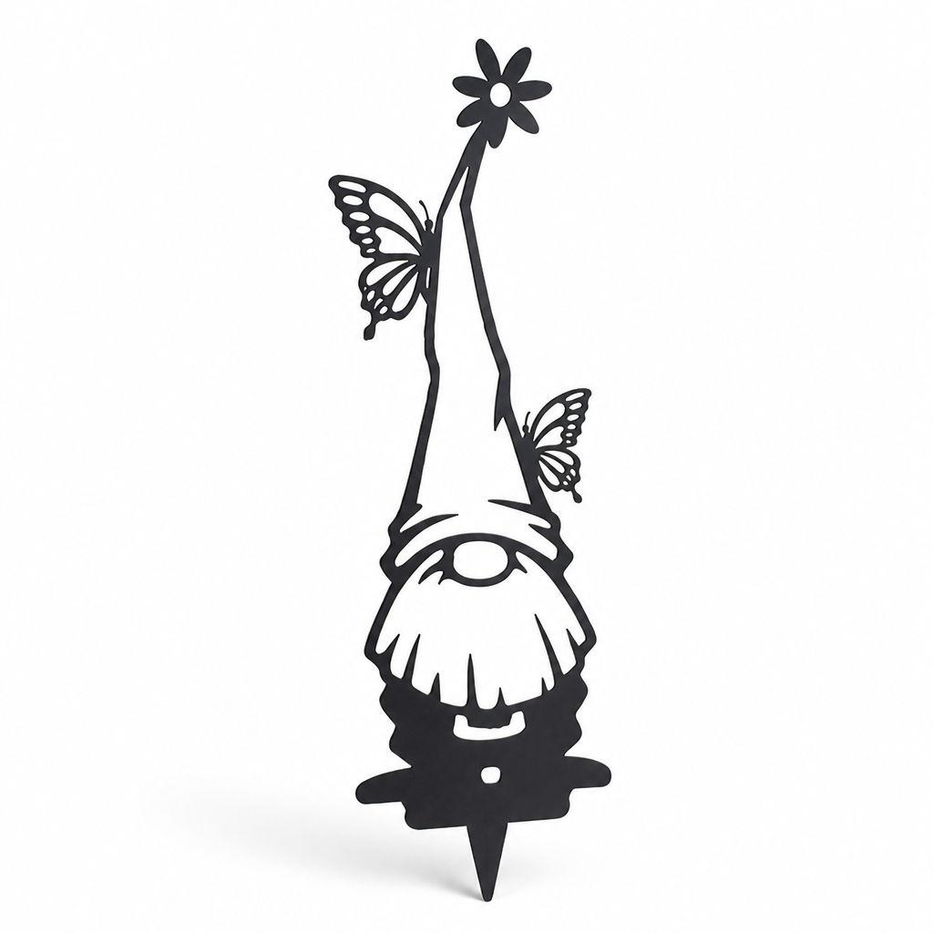 Estaca de hierro para jardín con gnomo resistente a la intemperie (recortes de mariposas y flores) | elesira